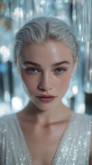 Futuristic Beauty Portrait of Woman in Sparkling White Dress with Crystal Lights