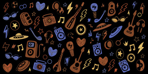 Colorful doodle collection featuring musical instruments headphones and quirky retro elements