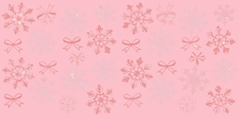 A delicate pink background featuring scattered snowflakes and ribbon bow patterns