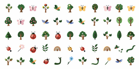 Colorful cartoon trees butterflies ladybugs flowers and other nature elements