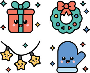 Cute Christmas icons, kawaii holiday clipart, gift box, wreath, star garland, mitten illustration, festive adorable winter cartoon set