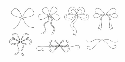 Collection of delicate hand drawn ribbon bow sketches in black and white