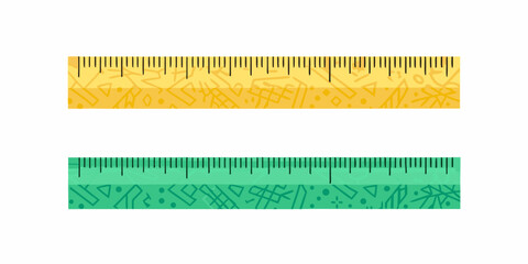 Two colorful rulers with measurement markings displayed against a white background