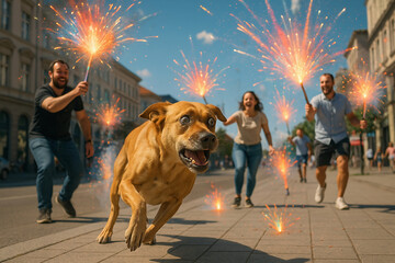 A dog very frightened by the sound of gunpowder