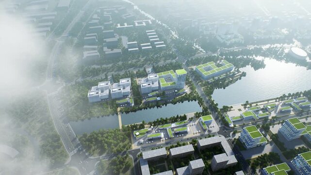 Aerial view of a contemporary urban master plan showcasing sustainable architecture, green roofs, modern infrastructure, and waterways.