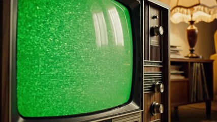 Retro vintage television set with green screen static noise display on wooden cabinet in cozy 1970s living room style - Powered by Adobe