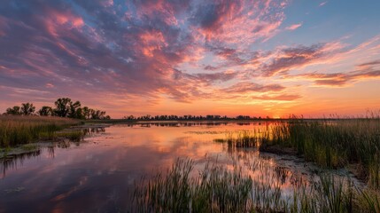 Vast marshland at dusk: colorful sky, calm waters, and distant shoreline in a wetlands landscape
