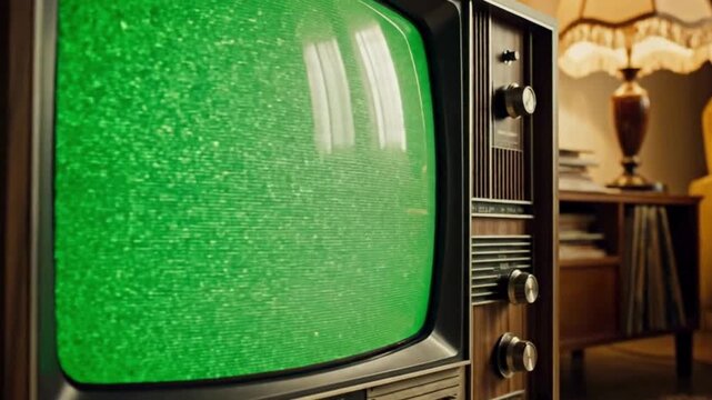 Retro vintage television set with green screen static noise display on wooden cabinet in cozy 1970s living room style
