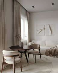 Modern living and dining corner with round dining table, upholstered chairs, large window and soft beige tones. Elegant home interior.