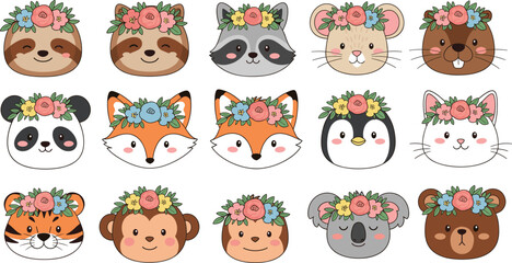 Naklejka premium A charming vector set of sixteen cute animal faces with beautiful floral crowns, including a sloth, raccoon, panda, fox, tiger, koala, monkey, and bear, perfect for kids and baby designs