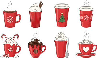 A collection of steaming red cups and mugs featuring Christmas decorations like snowflakes, trees, candy canes, and whipped cream, perfect for holiday menus and design