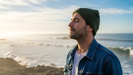 Man in beanie enjoying ocean breeze with eyes closed.