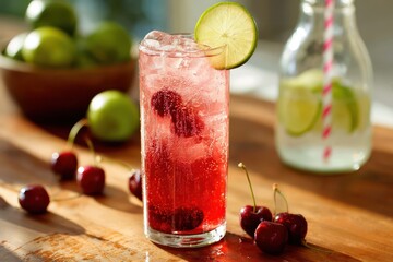 Vibrant Cherry Limeade Beverage: Summer Kitchen Scene with Lime Slices