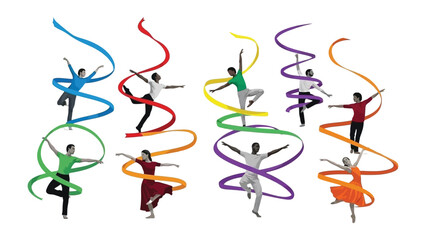 Dancing Ribbons of Color: A kaleidoscope of motion, where dancers gracefully twirl, each connected to a ribbon of vibrant hue, creating a mesmerizing display of movement and coordination.