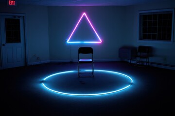 A chair sits in the center of a room surrounded by blue and pink neon lights in geometric shapes