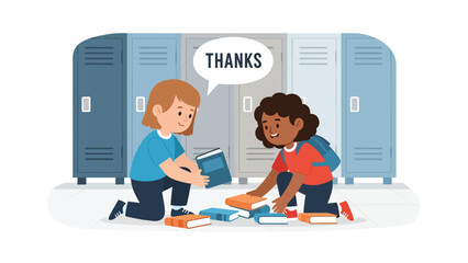 Modern flat vector illustration of a child helping a friend pick up fallen books, demonstrating kindness, empathy, and cooperation