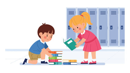 Modern flat vector illustration of a child helping a friend pick up fallen books, demonstrating kindness, empathy, and cooperation
