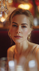 Elegant Woman at Candlelit Restaurant Table with Warm Bokeh