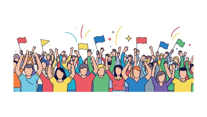 Celebrating the Moment: An excited crowd waves flags in a vibrant illustration of a jubilant gathering, creating a sense of unity and shared joy, celebrating a momentous occasion. 