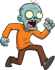 Cartoon zombie character in running pose, pale skin, yellow eyes, orange shirt, dynamic horror theme, flat vector illustration