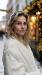 Winter Street Portrait of Woman in White Coat with Snow and Festive Lights