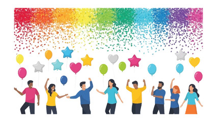 Celebration of Diversity and joy: A vibrant scene of people from various backgrounds, celebrating with colorful balloons and confetti, symbolizing unity, happiness and a festive atmosphere.