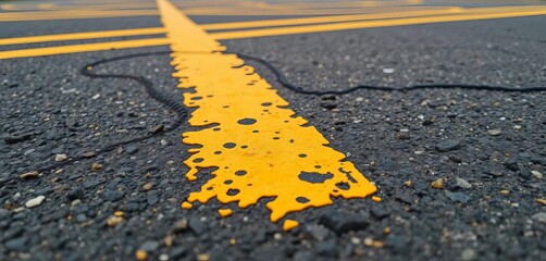Close-up view of faded yellow road markings on asphalt, paint, road markings