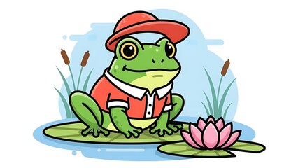 Dapper green frog illustration in red shirt and orange hat pond scene