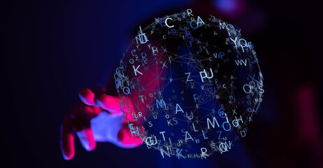 A vibrant digital sphere composed of letters held by a hand. Illustrating technology, information, and communic