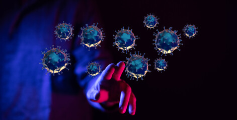 3D render illustration showing a hand touching coronavirus particles. Concept for science,...