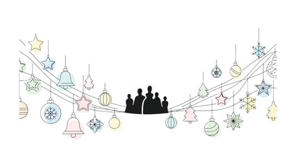 Holiday Silhouette: A festive holiday illustration of a family silhouette is surrounded by delicate, colorful ornaments, stars, bells, and snowflakes hanging from a delicate line.