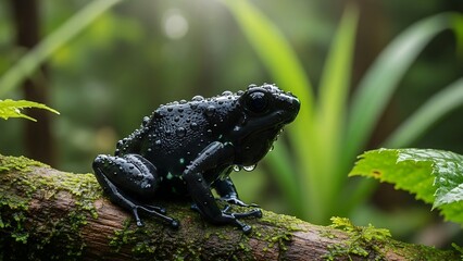 Dark frog perched on mossy branch in lush green forest