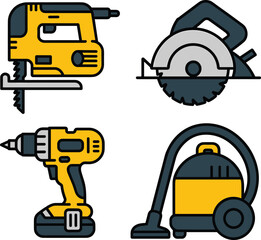 power tools illustration, jigsaw, circular saw, cordless drill, shop vacuum, construction equipment, DIY tools, workshop icons, tool vector set