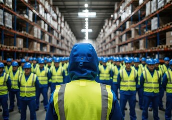 Warehouse worker in blue hood and yellow vest faces rows of colleagues and tall shelves
