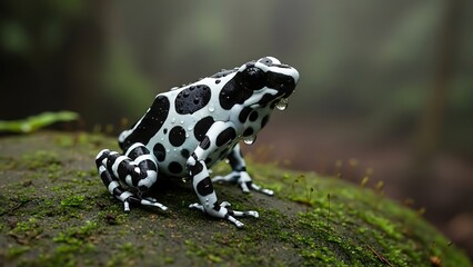 Striking black and white poison dart frog on mossy rock