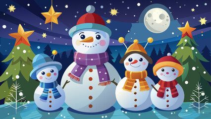 Illustration of four snowmen at night