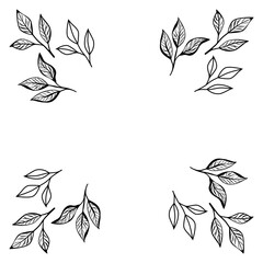 Minimalist line art of coffee and tea leaf branches in corners. Perfect for cafe logo, packaging, invitations, menu, and modern branding design.