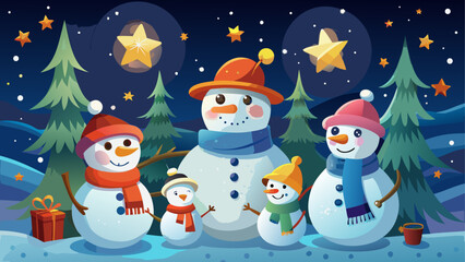 Snowmen family under starry winter night