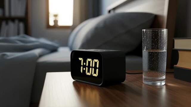 Digital alarm clock showing 7:00 on bedside table with glass of water. Closeup clock changing to 700 AM  