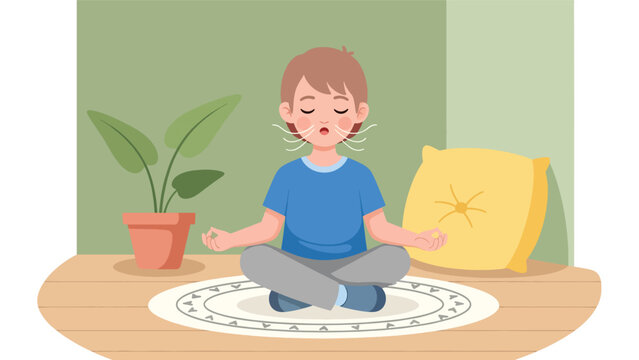 Modern flat vector illustration of a child practicing deep breathing to calm emotions while sitting quietly on a rug