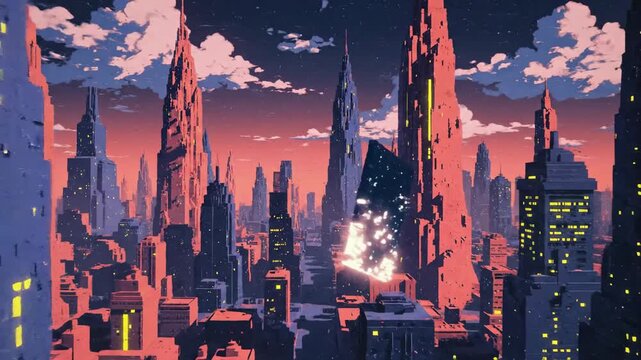 Stylized anime cityscape at twilight with towering skyscrapers and a glowing abstract data cube floating between buildings, ideal for science fiction media and virtual reality concepts.