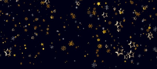 Festive gold stars and snowflakes falling on a navy blue background perfect for holiday greetings and celebrations. © vegefox.com