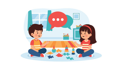 Modern flat vector illustration of siblings sitting together solving conflict calmly and respectfully with words
