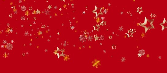 Christmas background with golden stars and snowflakes on a bright red background. Perfect for holiday greetings and festive designs. © vegefox.com