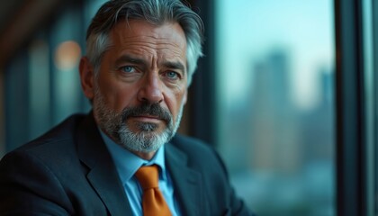 Mature businessman with grey beard looks intently at camera. Wears dark suit, bright orange tie in modern office. Serious male executive poses by large window with blurred cityscape view. Reflects on