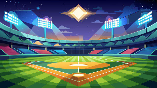 Baseball stadium illuminated at nighttime