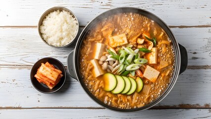 A hearty, bubbling pot of traditional Korean Doenjang Jjigae (fermented soybean paste stew) featuring firm tofu, zucchini, shiitake mushrooms, and enoki mushrooms. Served with steamed rice & kimchi