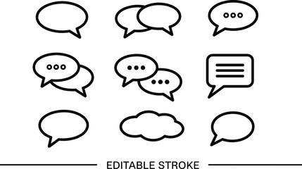 Speech bubble icon set, chat symbols, conversation balloons, message bubbles, communication icons, minimal outline design, editable stroke, dialog illustration pack