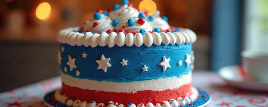 Festive cake in red, white, blue colors decorated with white stars. Delicious dessert for US national holiday celebration party. Sweet treat with frosting, whipped cream swirls, colorful sprinkles - Powered by Adobe