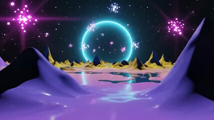 Abstract 3D rendered sci-fi alien landscape with glowing neon blue planet and pulsating purple liquid mountains under a dark star-filled sky, perfect for music videos and futuristic motion graphics. - Powered by Adobe